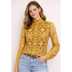 Maeve Anthropologie Top Sz L Lace Mock Neck Lined Mustard Yellow Cottagecore